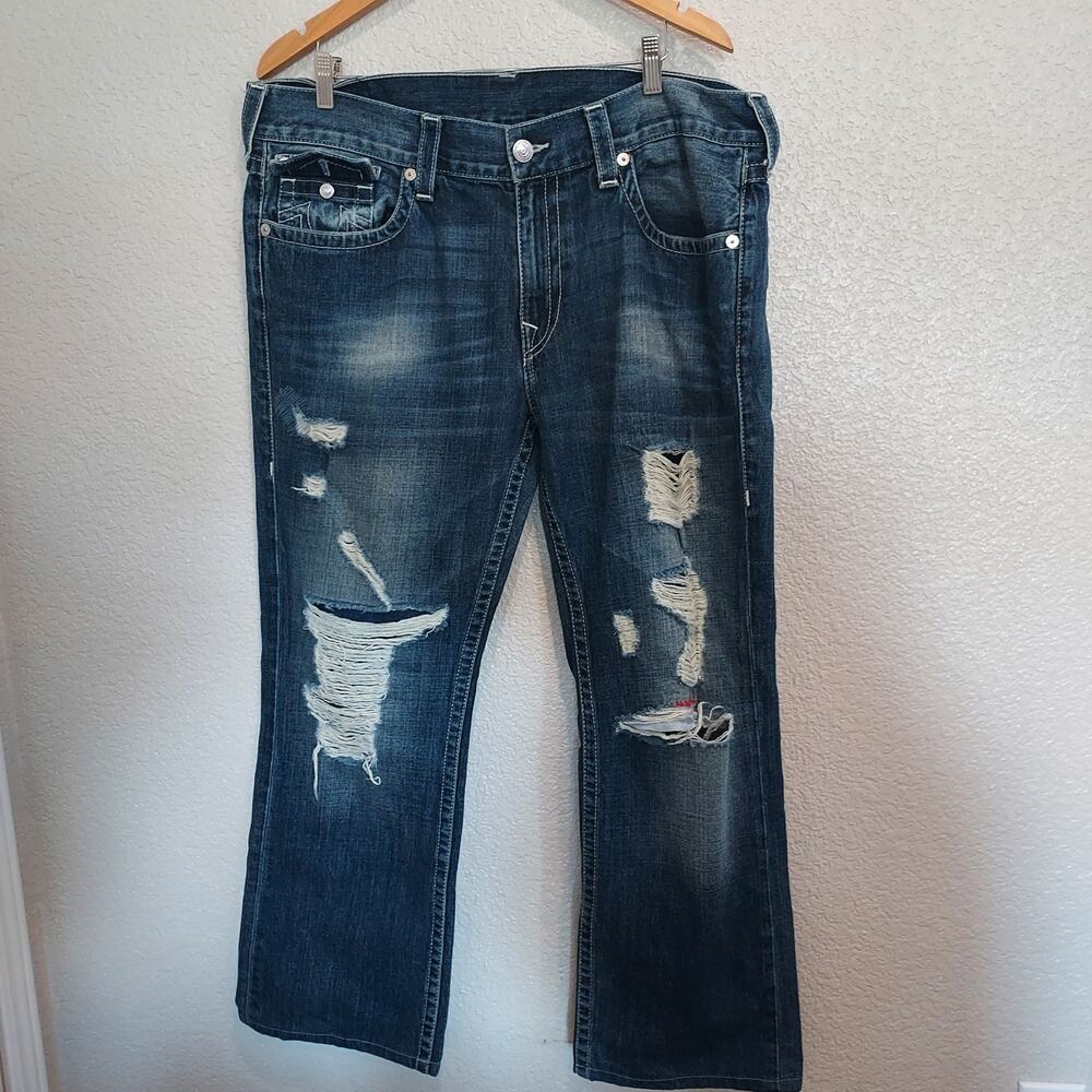 True Religion Distressed Straight Leg Blue Jeans Size 38